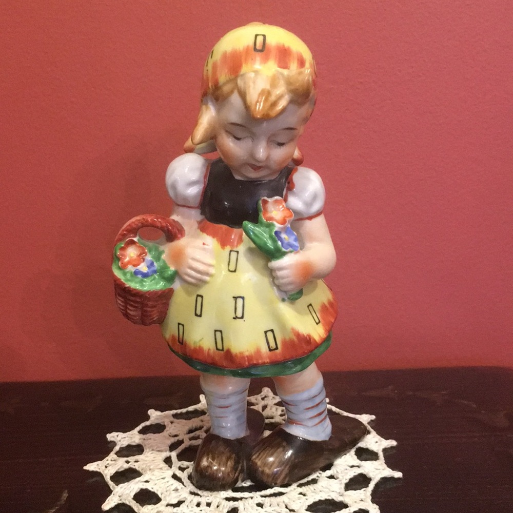 Vintage Hand-painted Girl with Flower Basket Figurine Japan 6.5”